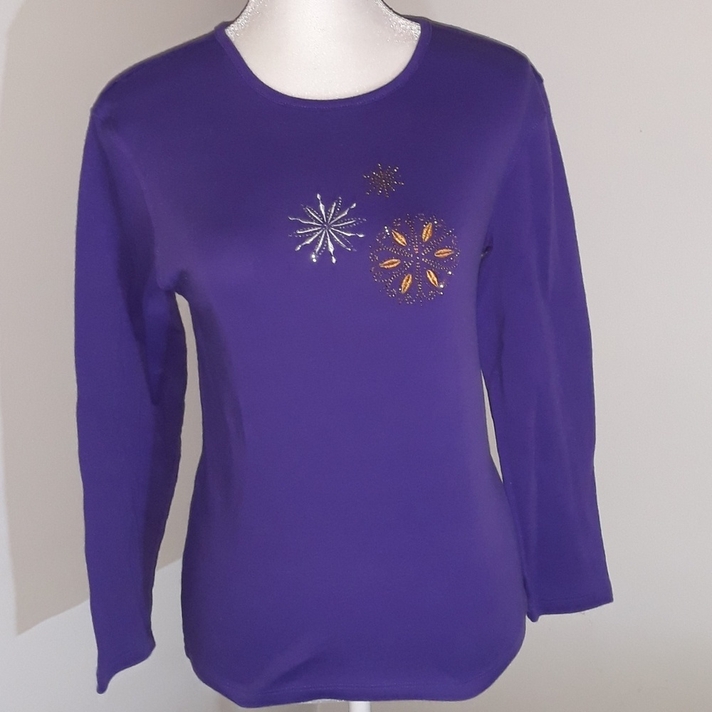 M & C Sportswear Purple Long Sleeve Thirt With Flower Embroidered Accents